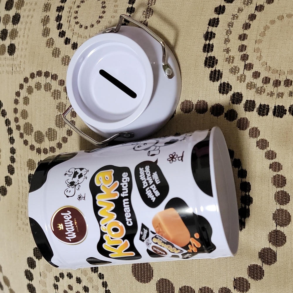 Metal tin container cow themed black n white piggy bank canister